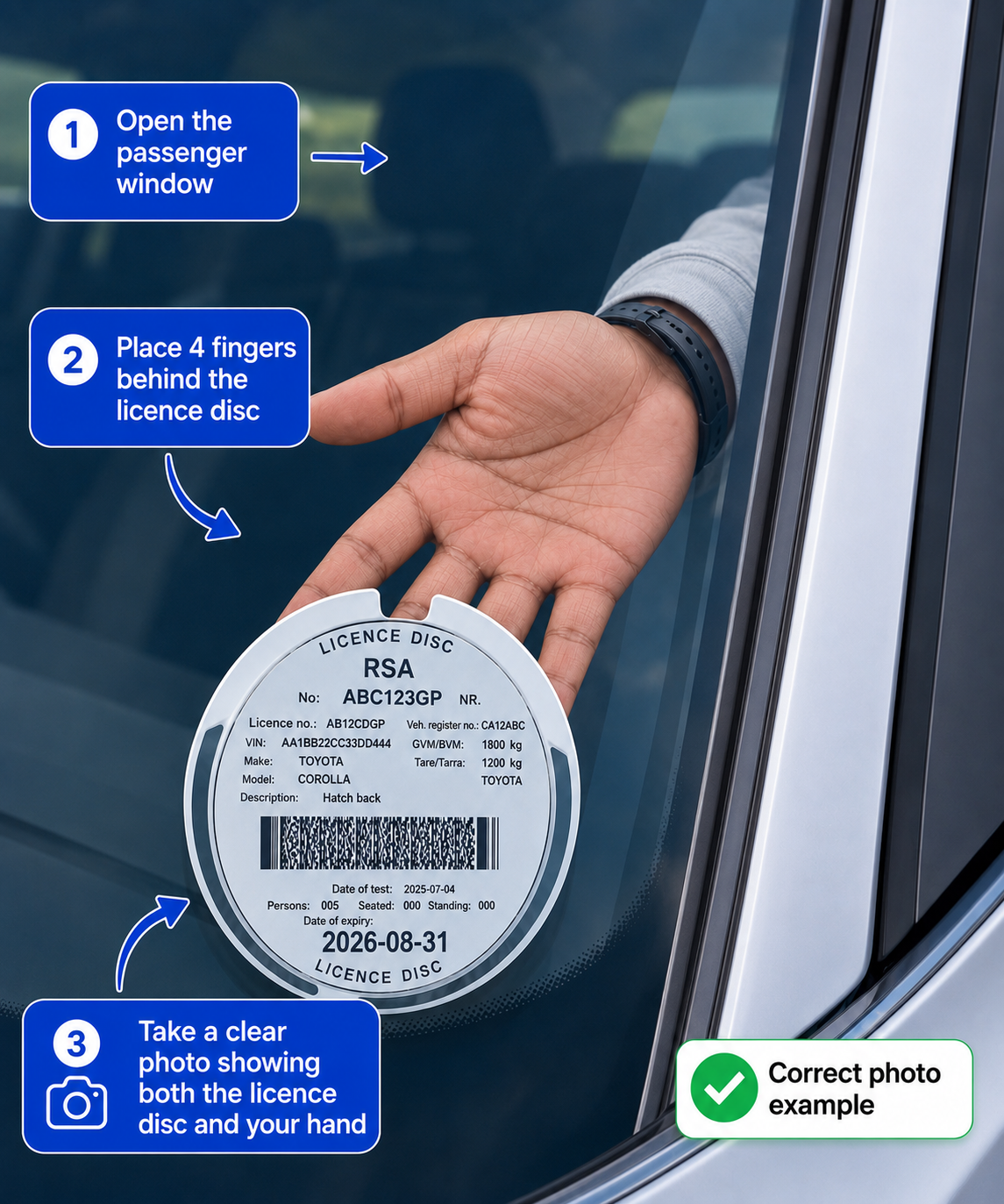 Example: hand with four fingers behind the licence disc, showing both clearly in one photo